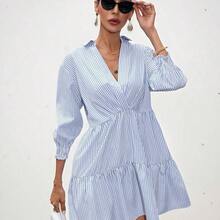 Aveloria Frievida Striped Print Ruffle Hem Smock Dress Dresses For Women Elegant  - Azul y blanco - Ver 2
