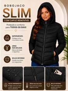 Women's Slim Fit Puffer Jacket With Removable Hood, Waterproof Winter Coat - 黑色 - 查看 2