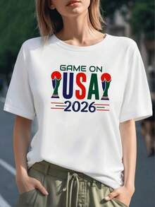 Gráfico alusivo a la pasión futbolera con guantes coloridos que simbolizan fuerza y unión bajo el lema Game On USA 2026 camiseta para mujer 100% algodón casual cómoda - Negro - Ver 1