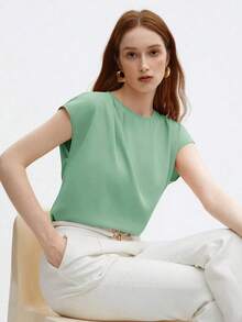 Blusa nueva de primavera/verano con diseño de hombros plisados de cuello redondo en azul, camisa elegante y única para salidas, oficina, ocasiones formales, moda básica profesional casual de alta gama, invitada de boda, fiesta, estilo del milenio, - verde menta - Ver 6