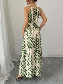 Vestido de línea A con estampado gráfico en blanco y negro, con hombros abiertos, nudo retorcido y escote de halter, elegante para primavera/verano de las mujeres - Verde 3 - Ver 2