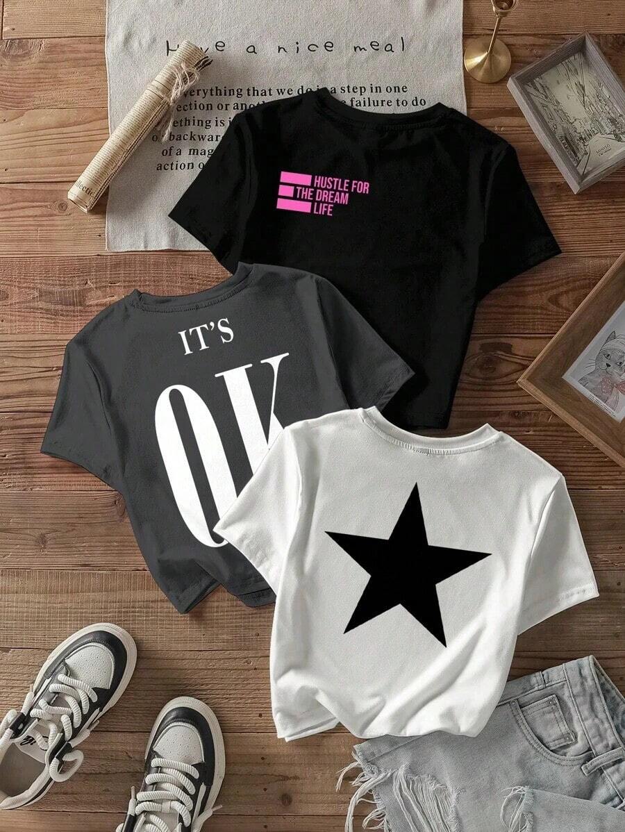 3 piezas/Set Camisetas cortas de ajuste ceñido con estampado de estrella OK minimalista casual para mujer, verano - Multicolor - Ver 1