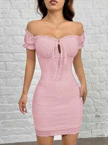 Vestido ajustado de punto con hombros descubiertos - Rosa - Ver 5