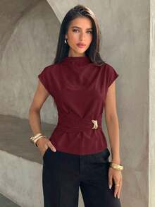 casual y elegante para mujer, camisa para ir al trabajo, blusa color albaricoque, camisa de verano para exteriores, camisa con hebilla metálica en la cintura - Burdeos - Ver 5