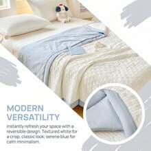 1pc Summer Thin Quilt, Dreamlike Waffle Texture Double-Sided Summer Thin Quilt Blanket, Soft And Smooth Texture, Skin-Friendly, Surface Allows Air Circulation For Cooling In Summer, Refined And Minimalist Color Style Enhances Bedroom Ambiance, Machine Washable With Easy Care - White + Blue - View 6
