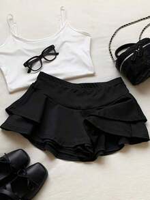 Culotte de mujer de cintura elástica y bajo con volantes de unicolor - Negro - Ver 6