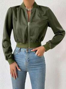 Chaqueta bomber corta con cremallera de color liso, chaqueta ligera de mujer de uso casual para primavera/otoño con manga regular, cuello tipo béisbol y ajuste regular en color negro liso - Verde militar - Ver 6