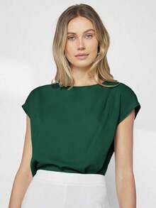 Blusa de mujer con mangas de murciélago asimétricas, de unicolor, estilo básico urbano de viaje, moda elegante y sencilla para negocios casuales, adecuada para maestras y uso en la oficina - Verde Oscuro - Ver 4