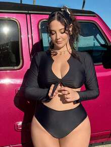 Conjunto de traje de baño con manga larga, cuello en V y lazo para tallas grandes - Negro - Ver 4