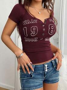 Camiseta de manga corta ajustada con estampado de letras estilo Y2K para mujer, casual para primavera/verano - Rojo - Ver 9
