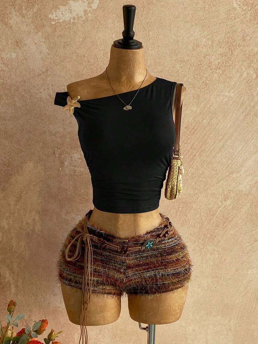 Nuevo conjunto casual de 2 piezas para mujer con hombro asimétrico, textura esponjosa, estampado floral y espalda descubierta, ideal para vacaciones, boda, graduación, Día de San Patricio, primavera, festival de música, elegante estilo boho tropical - Negro - Ver 1