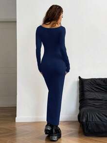 Vestido ajustado de manga larga con cuello cuadrado, de punto básico gris para mujer, para primavera/verano - Azul marino - Ver 2