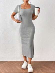 Frenchy Vestido elegante de unicolor de manga corta con abertura simple para mujeres - Gris - Ver 4