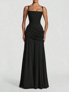 Vestido de verano elegante sin tirantes y ajustado de color amarillo, vestido casual sin espalda y sin mangas con pliegues para fiesta y club, para mujeres en bodas y primavera - Negro - Ver 6