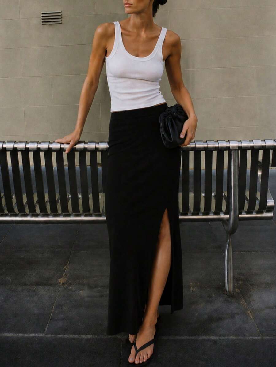RoseArya High Waist High Slit Maxi Skirt - Black - View 1