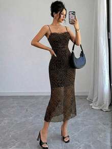 Vestido de largo medio con estampado de leopardo, encaje y parches, de tela elástica, sin espalda, vestido romántico y sexy, adecuado para uso diario, trabajo, vacaciones, fiesta y citas - Marrón - Ver 3