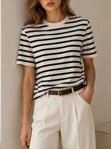 RoseArya Cotton Contrast Ecru Collar Black Striped T-Shirt - Black - View 1