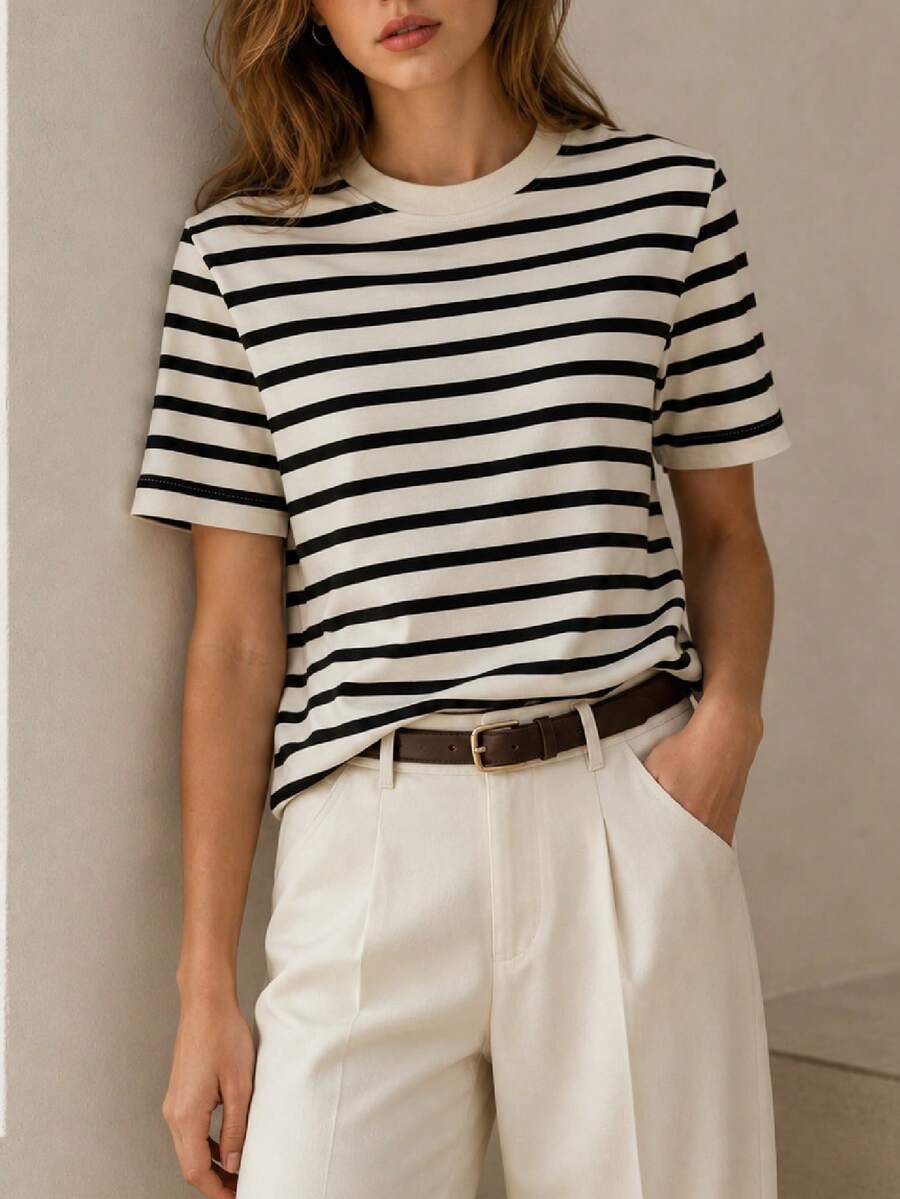 RoseArya Cotton Contrast Ecru Collar Black Striped T-Shirt - Black - View 1