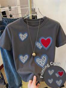 Camiseta Casual Blanca de Manga Corta y Cuello Redondo para Mujer con Adornos de Perlas y Corazón Rojo, Top de Tela Elástica de Poliéster a la Moda - Gris - Ver 1