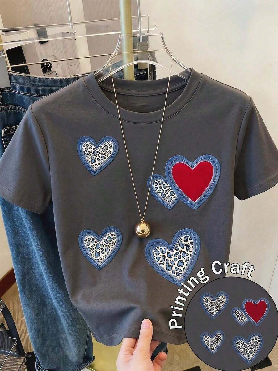 Camiseta Casual Blanca de Manga Corta y Cuello Redondo para Mujer con Adornos de Perlas y Corazón Rojo, Top de Tela Elástica de Poliéster a la Moda - Gris - Ver 1