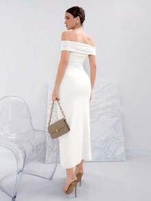 Vestido elegante de punto con hombros descubiertos de unicolor para banquetes - Blanco - Ver 2