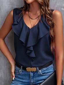 Blusa sin mangas con ribete de volantes, blusas sin mangas de verano elegantes para damas - Azul marino - Ver 1
