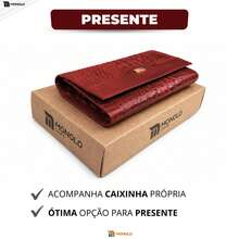 Carteira Couro Legítimo Feminina Grande Zíper Elegante Porta Cartões Presente Luxo MONOLO - Vermelho - Visão 9