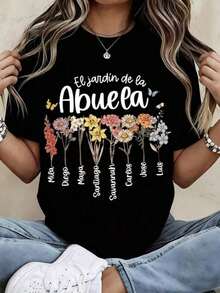 Camiseta Personalizada con Nombres de Flores del Jardín de la Abuela, Diseño Floral con Nombres de Familia en Negro, Regalo para el Día de la Madre - Negro - Ver 1