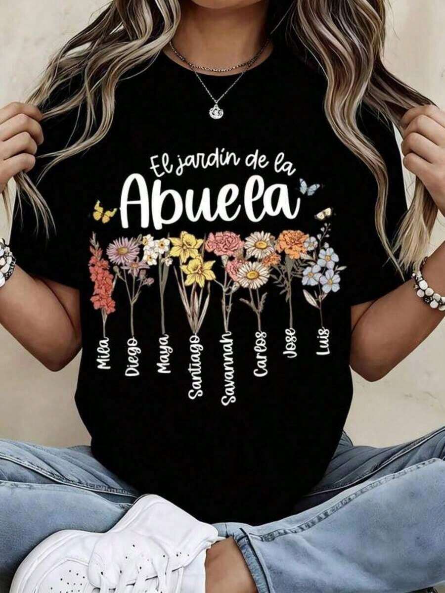 Camiseta Personalizada con Nombres de Flores del Jardín de la Abuela, Diseño Floral con Nombres de Familia en Negro, Regalo para el Día de la Madre - Negro - Ver 1