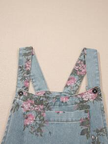 Boho  Button Floral Jean Cotton Denim Overall Romper Jumpsuit - Blue - View 5