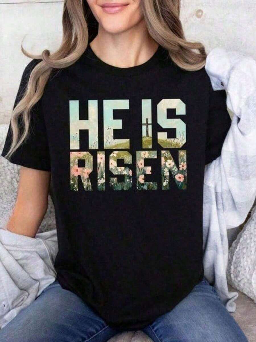 Women's Summer T-Shirt, "He Has Risen" T-Shirt, Easter Floral Cross T-Shirt, Bible Quote Gift, Unisex Graphic T-Shirt, Funny T-Shirt - 黑色 - 查看 1