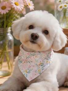 聚酯纖維葉子與花卉印花寵物三角圍巾領巾，Happy Little Dog，適合貓、狗及其他小型至中型寵物（比熊、泰迪），適合全年室內或戶外玩耍，不適合大型犬種 - 白色 - 查看 2