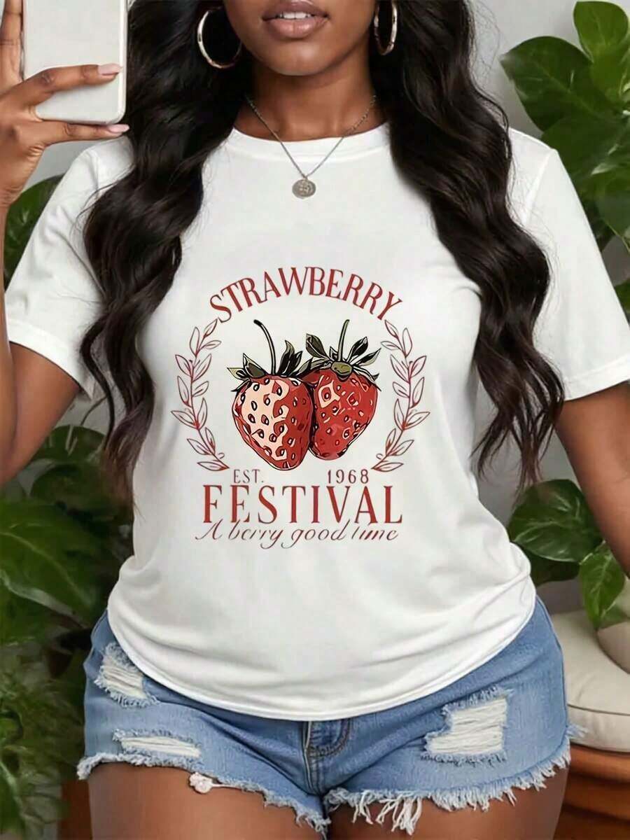 Casual Strawberry Print T-Shirt, Colorful Fruit T-Shirt, Fun Strawberry T-Shirt For Summer And Halloween, Cute Berry T-Shirt, Ideal Gifts For Grandma, Mother And Friends, 100% Cotton, Durable - 白色 - 查看 1