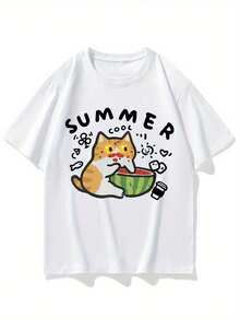 Men's American Style Heavyweight Short Sleeve T-Shirt With A Cat Eating Melon Design, Loose Fit, Plus Size, Fashionable Casual T-Shirt, Versatile Half Sleeve Top - 白色 - 查看 8