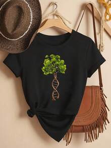 Camiseta de Mujer de Cuello Redondo y Manga Corta con Estampado de Árbol de ADN, Nueva Colección Primavera/Verano, Suave, Moderna y Versátil |   Estilo Casual |   Lavable a Máquina - Negro - Ver 6