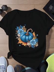Women's T-Shirt With Watercolor Blue Maple Leaf And Pumpkin Floral Print, Versatile, Casual, Slim Fit And Short Sleeve For Summer And Autumn - 黑色 - 查看 6