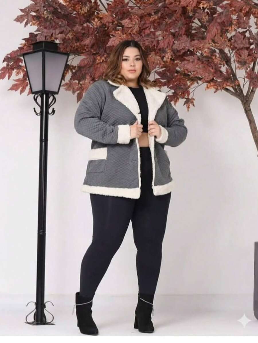 Women's Plus Size Coat With Button, Plush, Thick, Long Sleeves, Winter - Grey - View 1