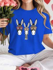 Loose Women's T-Shirt With Horsehair Glasses Print, Pure Women's T-Shirt, Comfortable Fit Tops For Women, Basic Crew Neck Cotton T-Shirt For Women - 藍色的 - 查看 11