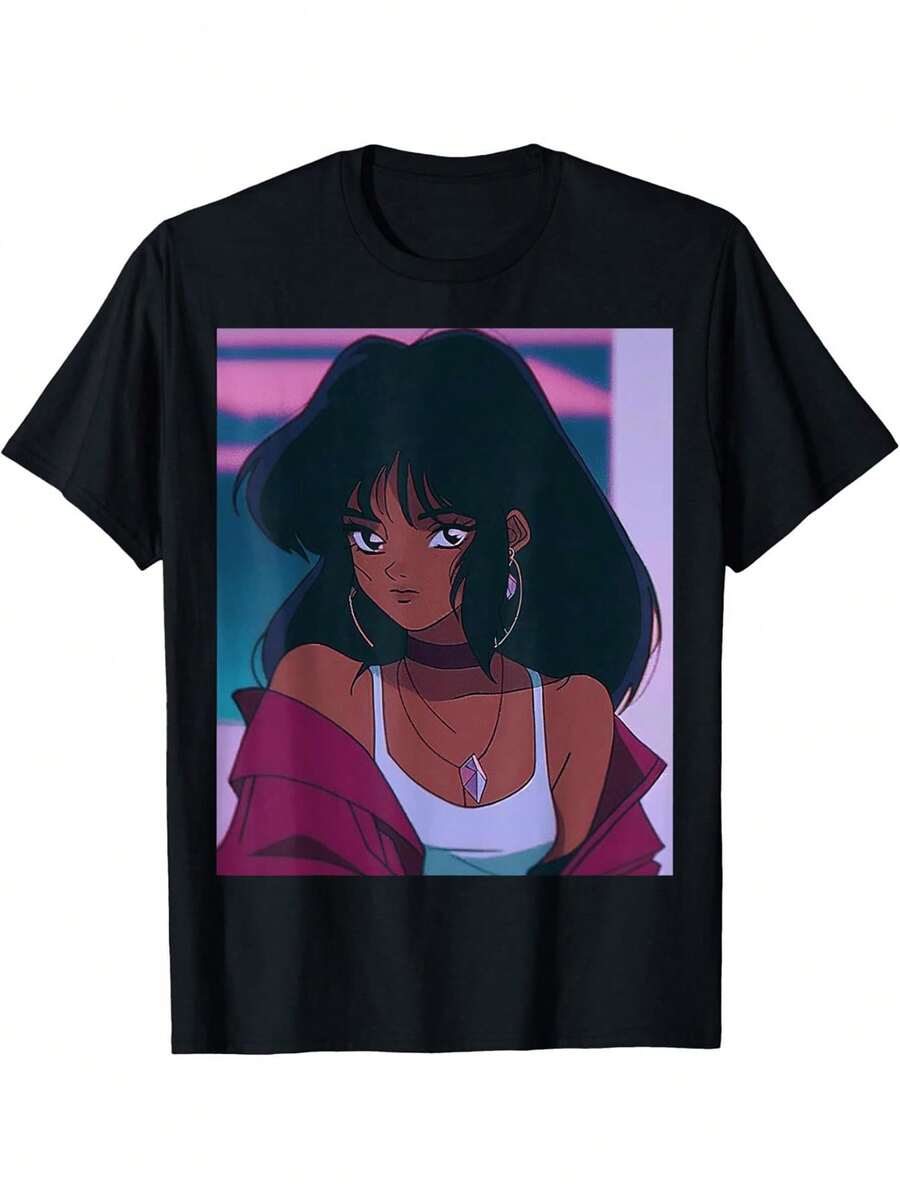 Retro Anime Graphic T-Shirt For Girls - Vintage Black 90s Japanese Anime T-Shirt, Soft And Breathable Long Dark Hair T-Shirt, Casual Everyday Wear For Men, Women And Teens - Gift Idea For Anime Fans, Pop Culture Clothing, Bold Print Design, Plus Sizes | Exquisite Design | Loose And Comfortable | Easy To Match | - 黑色 - 查看 1