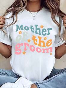 Suave, transpirable y ligera para comodidad durante todo el día. Camiseta de mujer con estampado gráfico de "Madre del Novio", cuello redondo, estilo casual, ideal para bodas y fiestas, 220g - Blanco - Ver 1