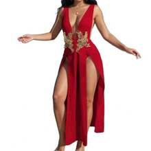 Vestido playero sexy con bordado de malla, escote en V profundo, abertura alta, estilo vacaciones en la playa. - Rojo - Ver 6