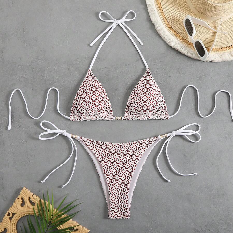Traje de baño de dos piezas, bikini sexy, bikini con cuello halter y lazo, ropa de baño para mujer. - Burdeos - Ver 1