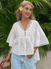 Blusa holgada de unicolor con mangas acampanadas, top de verano para mujeres - Blanco - Ver 7
