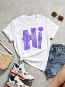 Women's Short-Sleeved T-Shirt, Casual Summer Style, With A Soft Round Neck, Featuring A Versatile American Haute Couture Minimalist Style In A Dopamine-Inspired Color With The Letter HI. White. - 白色 - 查看 3