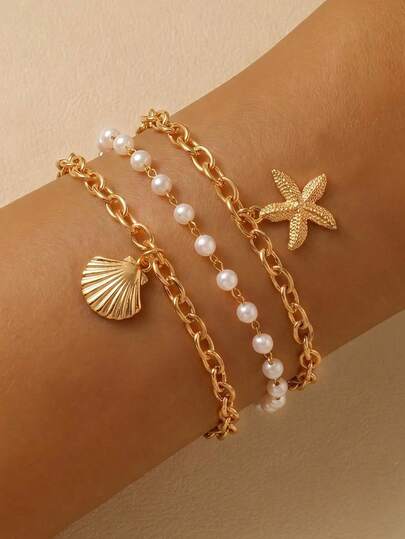 Set de 3 piezas de pulseras de verano con múltiples capas de perlas falsas, pulsera casual con elementos marinos de estrella de mar y concha falsa, regalo de joyería de playa sexy para la novia (cantidad y orden de cuentas aleatorio)