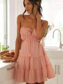 Falda corta con tirantes para mujeres en verano 2026 - Rosa - Ver 2