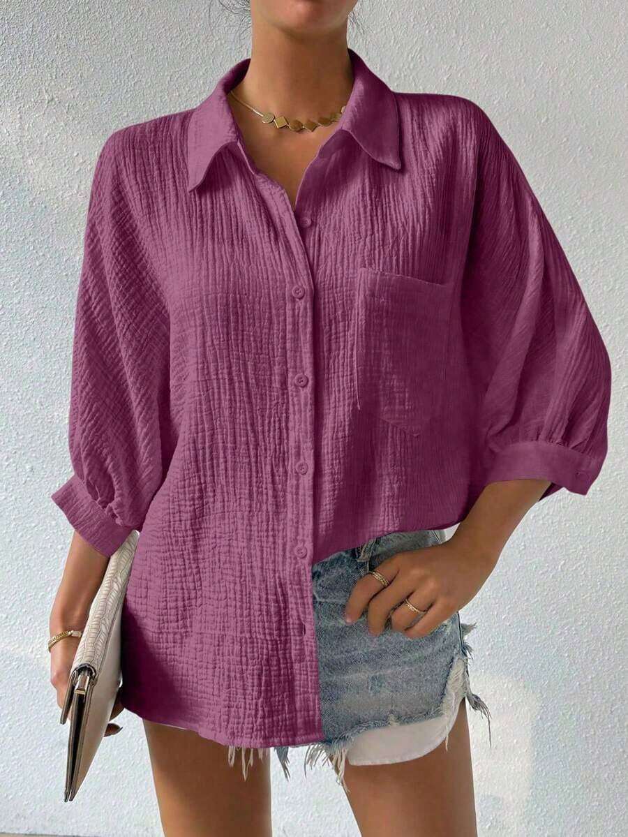 Camisa de mujer minimalista y casual de unicolor con botones delanteros, textura y hombros caídos - Morado - Ver 1