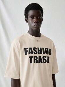 SWAVVY Men's Knit T-Shirt, Casual Style, Loose Fit, Short Sleeve, With English Letter Print, For Summer. - 卡其色 - 查看 3