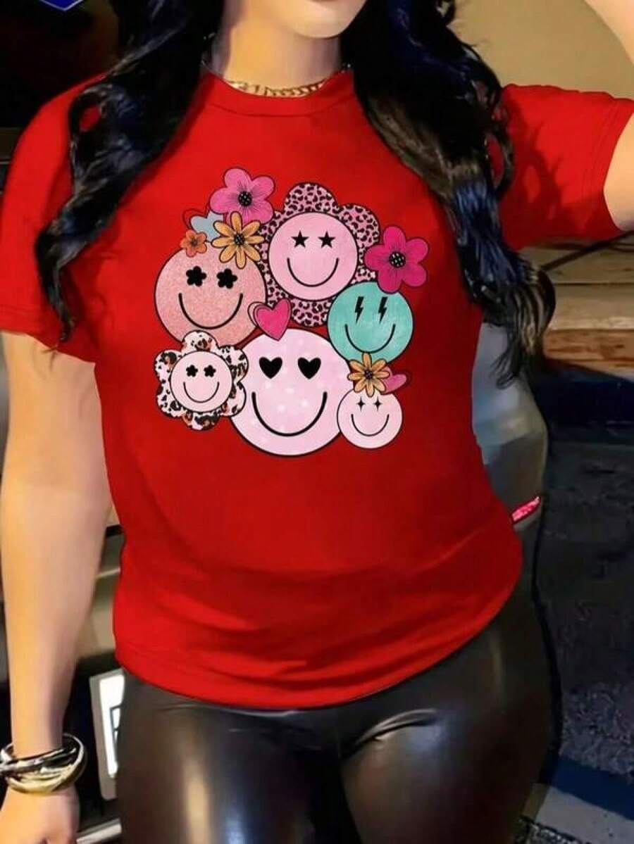 New 2026 Happy Face Print T-Shirt, The Happy Faces Are Colorful, Cotton Feel T-Shirt, With Bright Colors, Ideal For Daily Use, Modern, Loose, Round Neck, Short Sleeve, Ideal For The Whole Family. - 紅色 - 查看 1