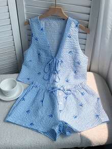 Conjunto de camiseta de tirantes y pantalones cortos a rayas con lazo para mujer - Celeste - Ver 5